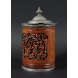 CHINESE BAMBOO BRUSH POT, BITONG, carved with a scene of figures in a garden, the reverse with