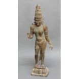 CARVED WOOD HINDU DEITY, probably Parvati, standing, wearing a tall head dress on a rectangular