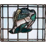 ARTS & CRAFTS STAIN GLASS PANEL with a depiction of a leaping Stag, surrounded by clear glass