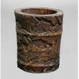 CHINESE BAMBOO BRUSH POT, BITONG, carved with figures on a mountain path surrounded by trees, height