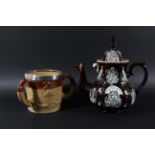 VICTORIAN BARGEWARE TEAPOT, inscribed 'The Lord Will Provide/1884', height 38cm; together with a