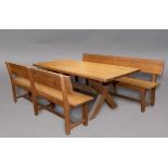 LARGE OAK REFECTORY TABLE & PAIR OF BENCHES in the manner of Conran, the table with a large oak