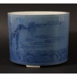 CHINESE BRUSH POT, of broad, cyclindrical form, blue painted with beasts above clouds and waves,