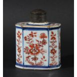 CHINESE TEA CANISTER, 18th century, of octagonal form iron red painted with panels of flowers with