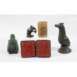 PARCEL OF CHINESE COLLECTABLES, to include a cinnabar lacquer buckle, box and cover, bronze bird,