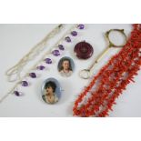 A QUANTITY OF JEWELLERY including a purple guilloche enamel compact, an amethyst and seed pearl