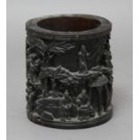 CHINESE CARVED WOOD BRUSH POT, BITONG, with figures on two levels before pine trees and