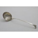 AN EARLY GEORGE III ONSLOW PATTERN SOUP LADLE with a fluted circular bowl, by George Baskerville,