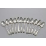 A SET OF TWELVE GEORGE III SCOTTISH DESSERT SPOONS Old English pattern, initialled "WL", by