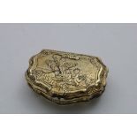 A MID 18TH CENTURY FRENCH SILVERGILT SNUFF BOX cartouche-shaped with chased reserves on the base and