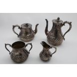 A VICTORIAN ELECTROPLATED, FOUR-PIECE TEA & COFFEE SERVICE with embossed baluster bodies, the tea