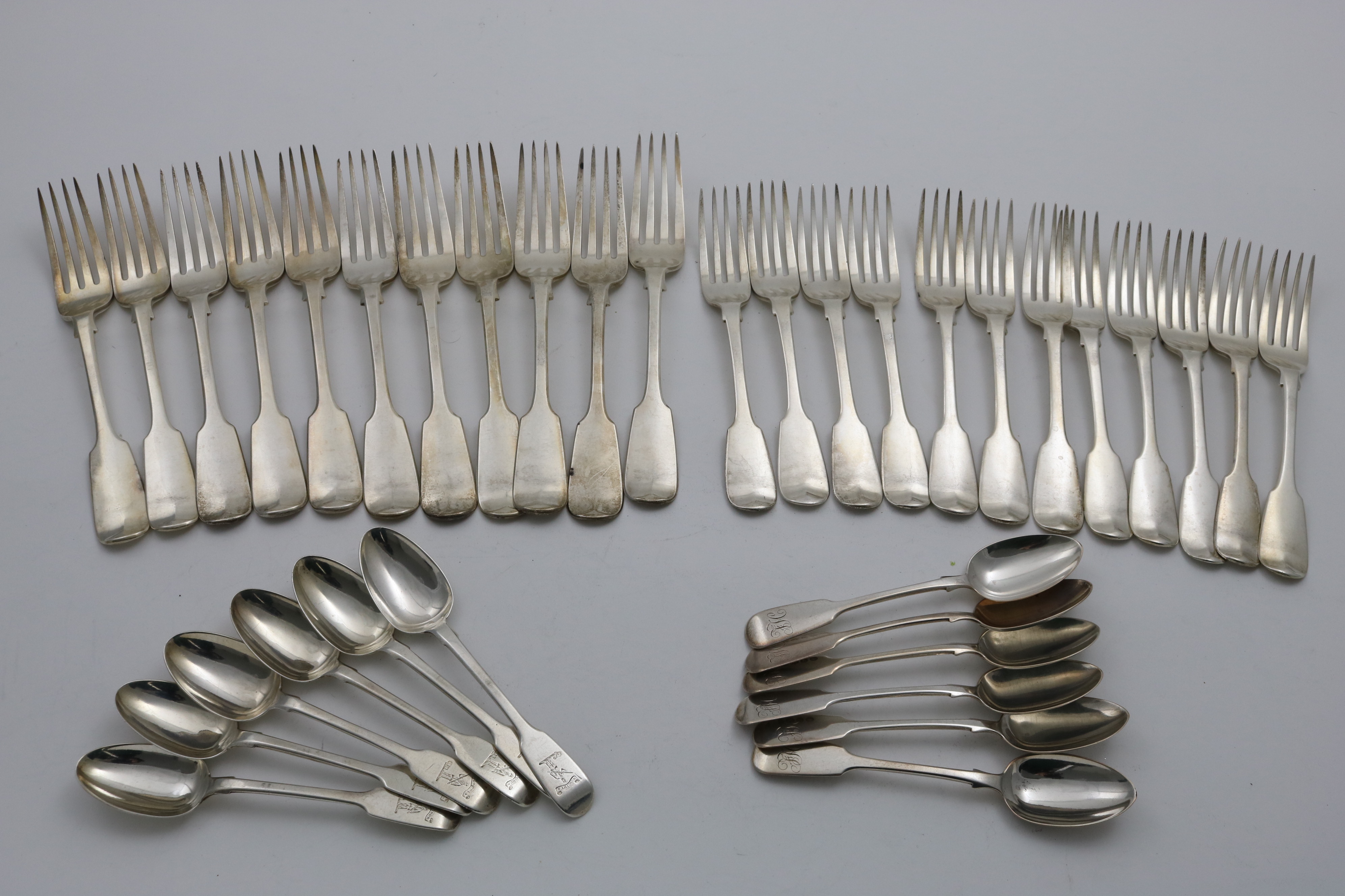 FIDDLE PATTERN:- A set of twelve Victorian dessert forks, initialled "S", by Hyam Hyams, London