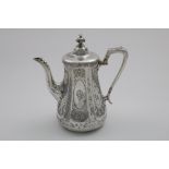 A VICTORIAN ENGRAVED COFFEE POT with a tapering hexagonal boddy, and a domed cover with a knop
