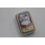 A VICTORIAN VESTA CASE of rounded oblong form, enamelled on the cover in muted colours with a