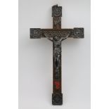 A LATE 19TH / EARLY 20TH CENTURY PLATED-MOUNTED WOODEN CRUCIFIX in the medieval Gothic style, c.