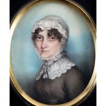 ANDREW PLIMER Portrait of a lady wearing lace cap and brown dress, head & shoulders, on ivory; 7 x 6
