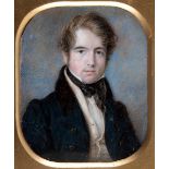 THOMAS WHEELER Portrait of a young gentleman wearing dark blue coat, half length, on ivory; 7.5 x