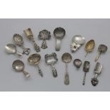 TEN VARIOUS FOREIGN CADDY SPOONS and five various antique, Birmingham-hallmarked caddy spoons; the