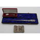 A 19TH CENTURY CHINESE FILIGREE CARD CASE a late Victorian mounted steel boot hook with an