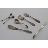 A MIXED LOT:- A Danish Blossom pattern spoon with a leaf-shaped bowl and a two-prong fork, by