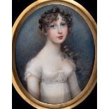 ANNE MEE Portrait of a girl with blue eyes and wearing white dress, half length, on ivory; 7.25 x