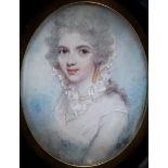 ATTRIBUTED TO ANNE MEE AFTER COSWAY Portrait of a lady wearing white dress and blue sash, half