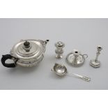 A MIXED LOT:- A small Edwardian tea pot with a part-fluted circular body, by Walker & Hall,