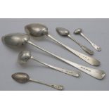 FIVE VARIOUS SCOTTISH PROVINCIAL SPOONS AND A TODDY LADLE (two pieces initialled), all by John Heron