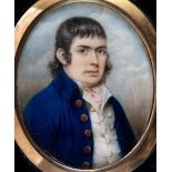 NATHANIEL PLIMER Portrait of a gentleman wearing blue coat, half length, on ivory; 7.25 x 6 cms