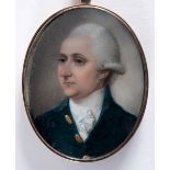 LEWIS VASLET OF BATH Portrait of a gentleman wearing dark blue coat, head & shoulders, on ivory; 4 x