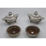 A PAIR OF OLD SHEFFIELD PLATED, SAUCE TUREENS AND COVERS part fluted with ornate paw feet, gadroon