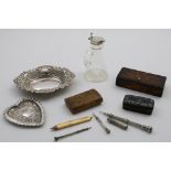 A MIXED LOT:- Two bonbon dishes, a mounted glass whisky tot, a papier-mache snuff box, a