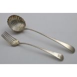 A GEORGE III SERVING FORK Old English pattern with six tines, crested, by George Smith & William