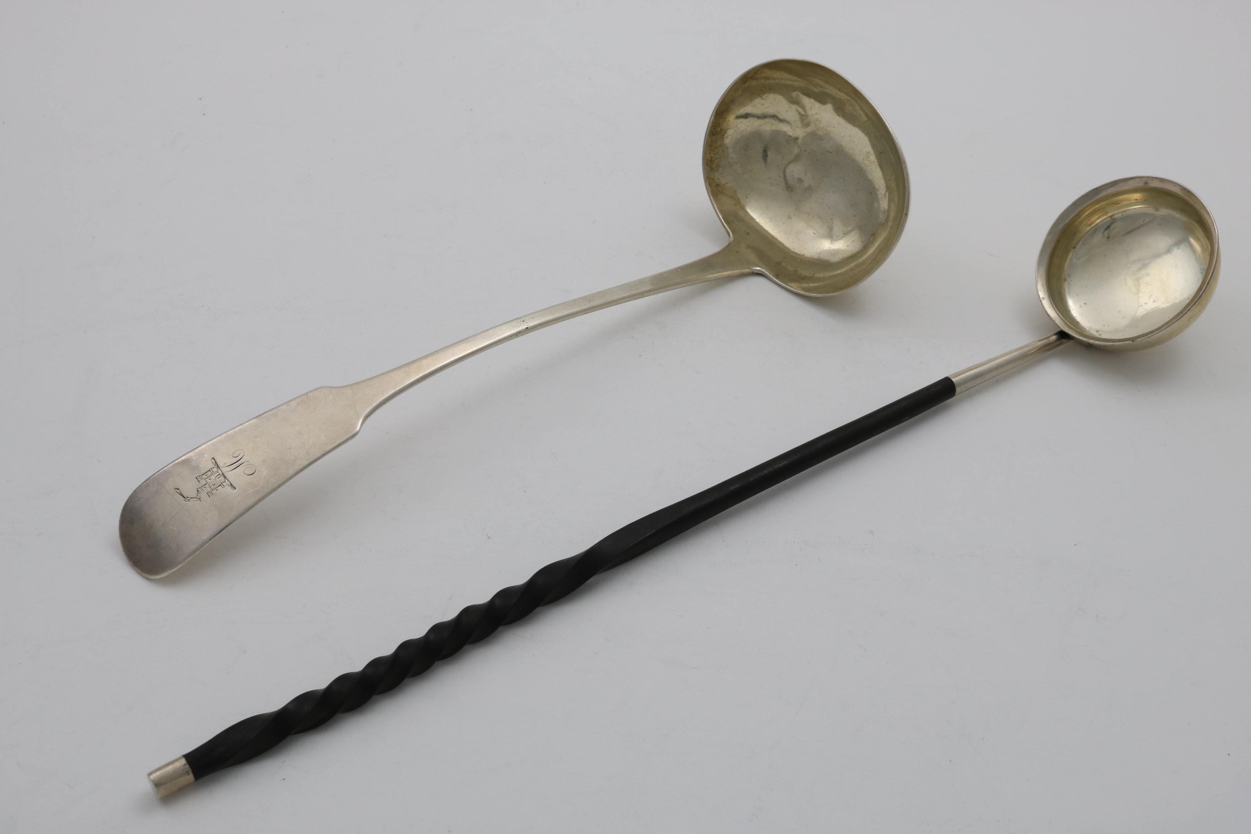 A GEORGE IV SCOTTISH OAR PATTERN SOUP LADLE crested and initialled "M", maker's mark "W.E",