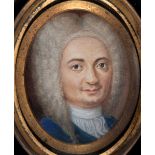 ENGLISH SCHOOL C.1740 Portrait of a gentleman* wearing a wig and blue coat, bust length, on ivory;
