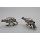 A PAIR OF LATE 20TH CENTURY CAST TABLE DECORATIONS in the form of a cock and a hen grouse with