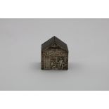 AN EDWARDIAN NOVELTY, MOUNTED WOODEN MONEY BOX in the form of a dwelling, the facade stamped to