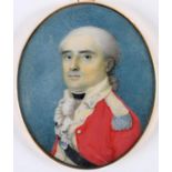 English School c. 1790 Miniature Portrait of an Officer wearing uniform, half length on ivory 6.25 x