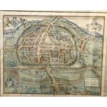 Braun, Georg. Civitas Exoniae (vulgo Execester), hand-coloured engraved view of Exeter, faded, Latin