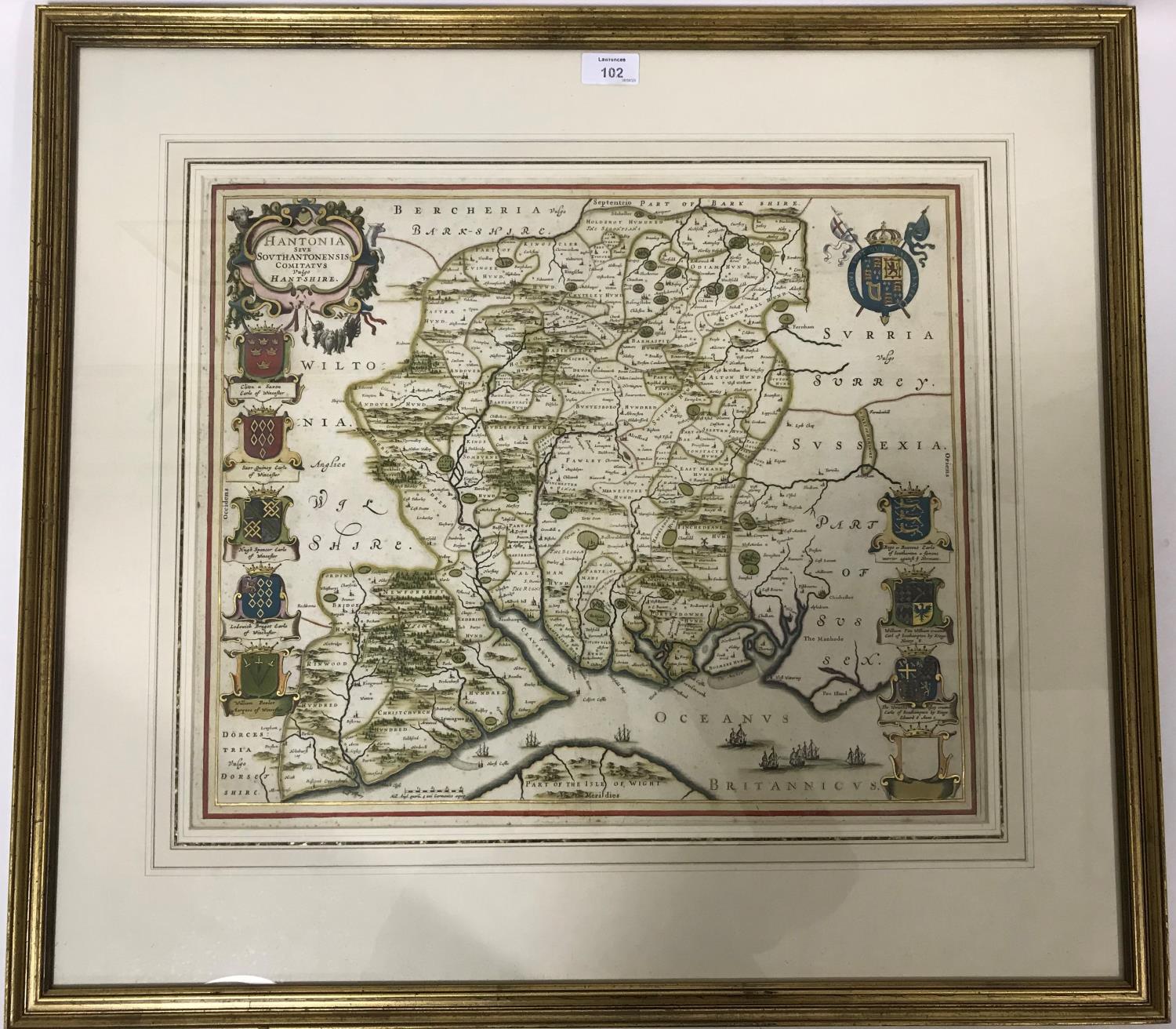 Blaeu, Willem. Hantonia, sive Southamptonensis comitatus Vulgo Hantshire, hand-coloured engraved