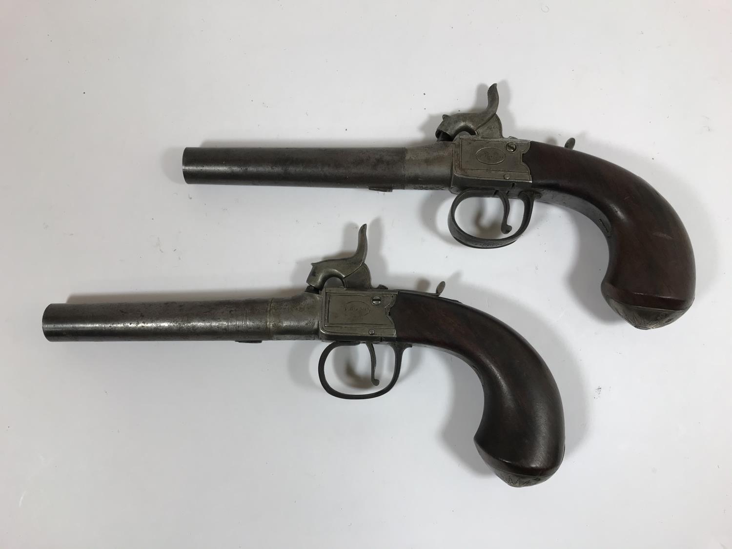 A PAIR OF PERCUSSION CAP PISTOLS BY P.BOND. A pair of percussion cap box lock pocket pistols with - Image 2 of 4