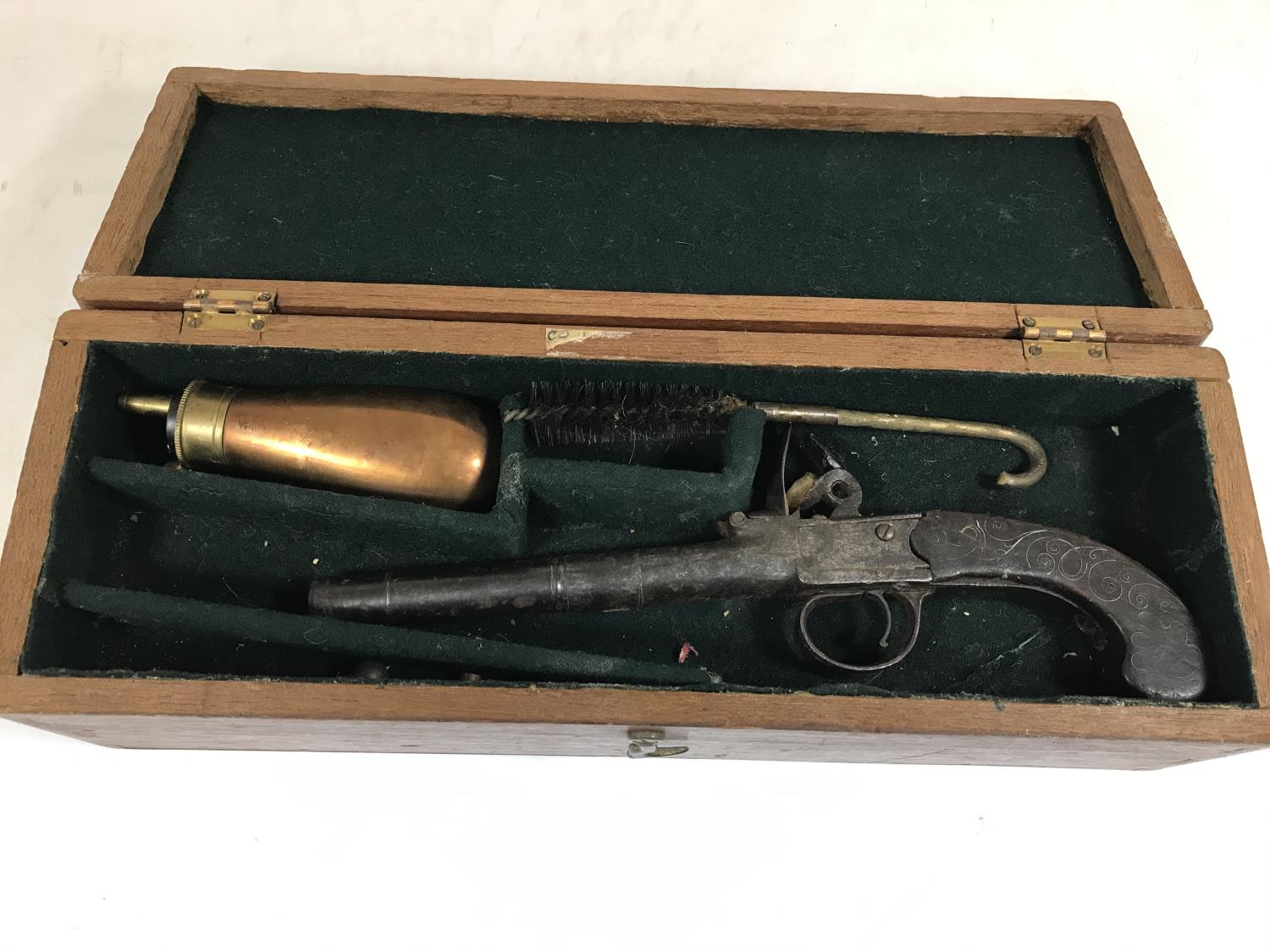 A FLINTLOCK PISTOL WITH SILVER WIRE DECORATION. A flintlock box lock pistol with 'cannon' barrel and - Image 3 of 3