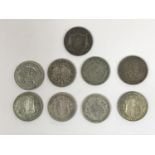 WILLIAM IV AND LATER HALFCROWNS. Halfcrowns for 1836, 1887, 1892, 1910, 1915, 1921 (2), 1922,