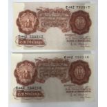 TWO RED-BROWN TEN SHILLING NOTES. Two red-brown ten shilling notes with consecutive numbers C44Z