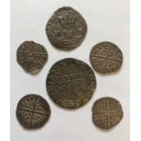 A SMALL COLLECTION OF EARLY HAMMERED PENNIES, GROAT AND OTHER COINS. An Edward I hammered penny,