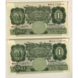 TWO SERIES 'A' BRITANNIA ISSUE ONE POUND NOTES. Two green Series A one pound notes with similar