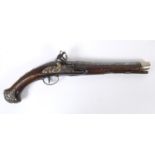 A SILVER MOUNTED HOLSTER PISTOL BY RICHARD WILSON. An 18 bore flintlock holster pistol with silver