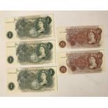 TWO PORTRAIT ISSUE TEN SHILLING NOTES AND THREE ONE POUND NOTES. Two red-brown portrait issue ten