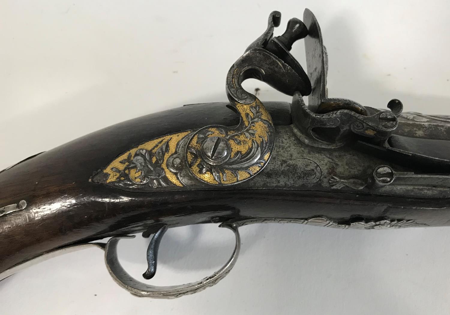 A SILVER MOUNTED HOLSTER PISTOL BY RICHARD WILSON. An 18 bore flintlock holster pistol with silver - Image 4 of 9