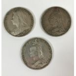 THREE VICTORIAN CROWNS. Queen Victoria, Crowns: 1889, 1891, 1897 rim LXI. 3 coins.